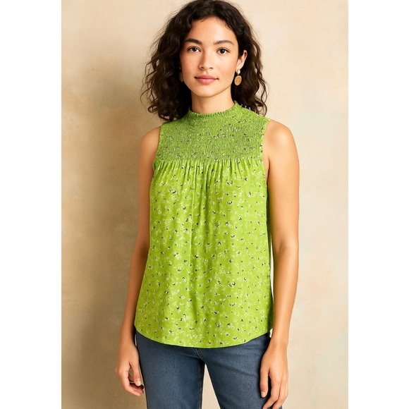 NWT RACHEL ZOE Chartreuse Floral Print Smocked Sleeveless Blouse - Picture 2 of 13
